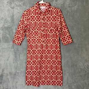 Jude Connally Women S Red Print Dress Small Stretch Gold Buttons Catalina Cloth